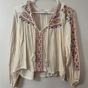 American Eagle Outfitters Cream and Red Embroidered Blouse